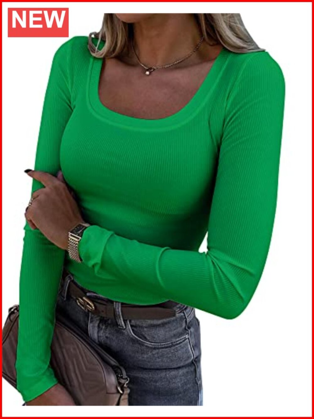 Long Sleeve Scoop Neck Ribbed Knit Fitted Casual Tee Slim Basic Top